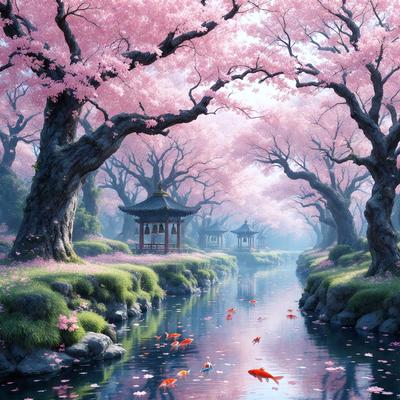 The primary subject of the image is a serene scene featuring a river surrounded by trees and a pagoda. The setting is a peaceful, natural environment with a calm atmosphere. The visual style of the image is a digital art or illustration, creating a beautiful and artistic representation of the scene. The colors and mood of the image are predominantly pink, which adds a sense of tranquility and harmony to the overall composition.